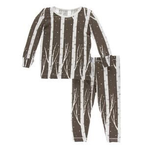 NEW KICKEE kids' bamboo print long sleeve pajama set in falcon snow